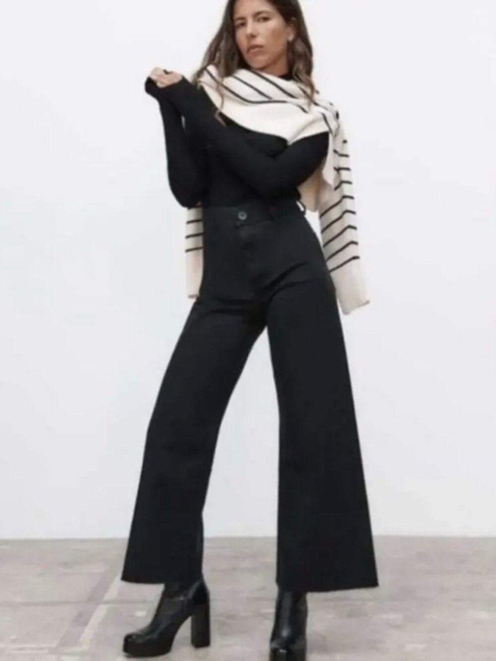 Zara The Marine High Rise Straight Wide Leg Raw Hem Black Jeans Size 2 - Picture 4 of 12